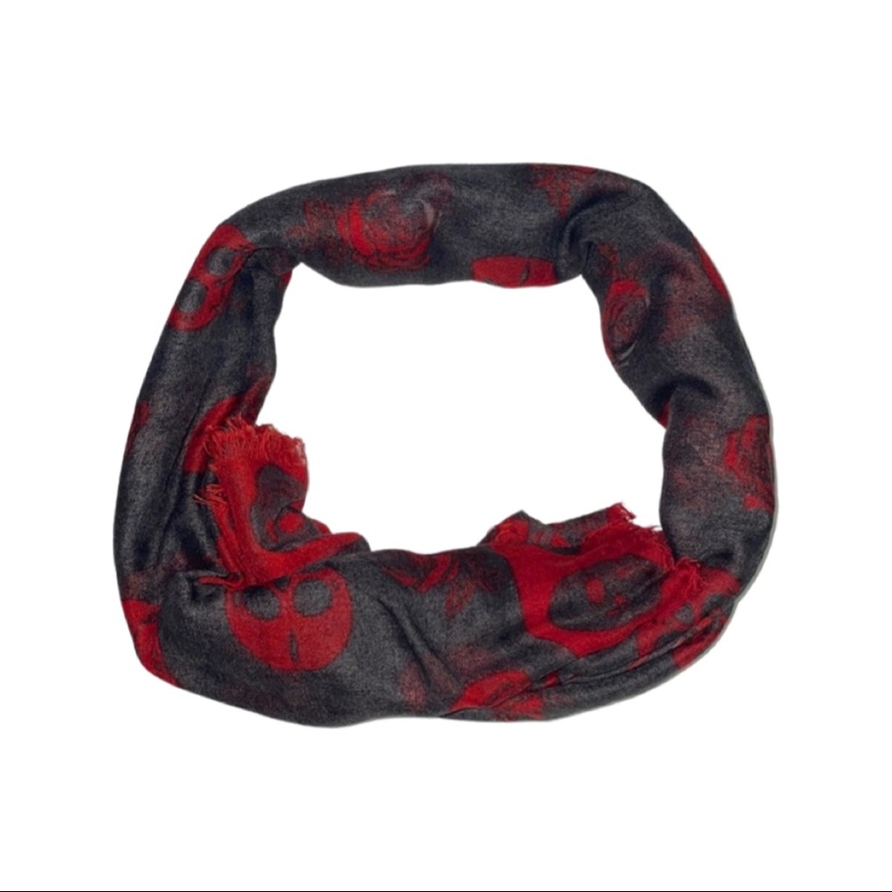 Red & Gray Fringe Graphic Skull & Rose Scarf